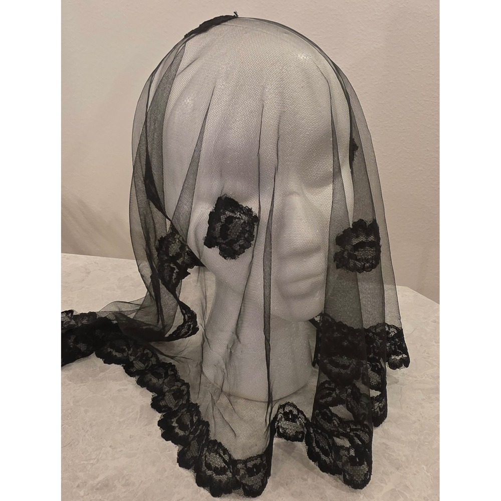 Vintage Black Lace Mantilla Veil Floral Rose Chapel Head Covering Catholic Mass